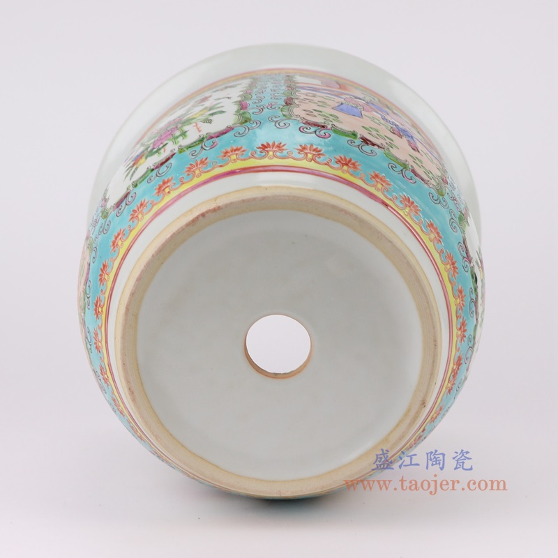 蓝底粉彩手绘开窗仕女人物花鸟花盆大号,产品编号:RYSZ15-A 产品尺寸(单位cm): 高22.5直径27口径5.6底径14.7重量3.4KG