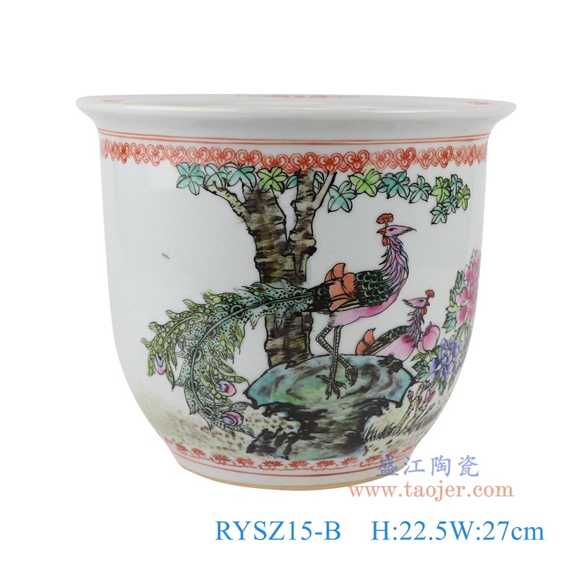 白底粉彩手绘凤凰牡丹纹花盆大号,产品编号:RYSZ15-B 产品尺寸(单位cm): 高22.5直径27口径14.2底径14.7重量3.4KG