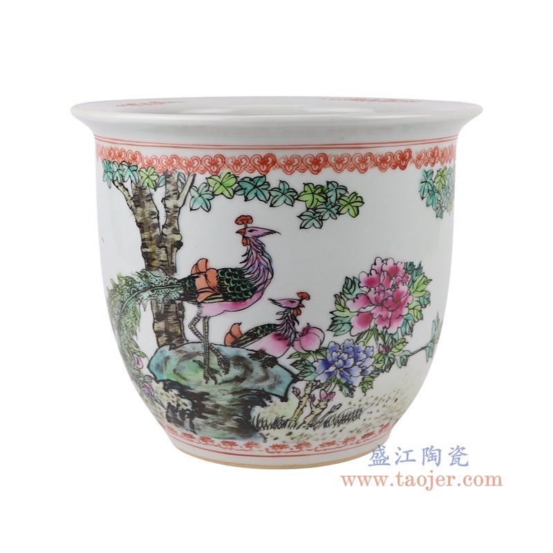 白底粉彩手绘凤凰牡丹纹花盆大号,产品编号:RYSZ15-B 产品尺寸(单位cm): 高22.5直径27口径14.2底径14.7重量3.4KG