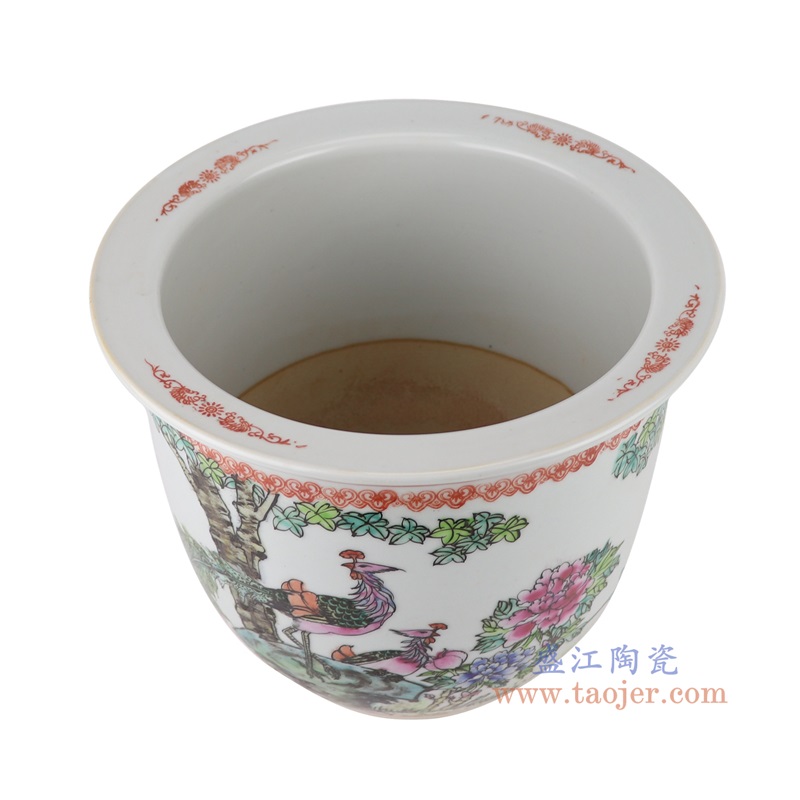 白底粉彩手绘凤凰牡丹纹花盆大号,产品编号:RYSZ15-B 产品尺寸(单位cm): 高22.5直径27口径14.2底径14.7重量3.4KG