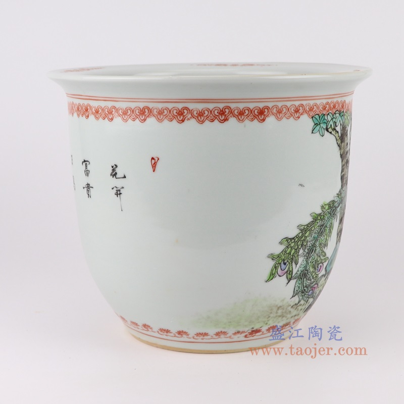 白底粉彩手绘凤凰牡丹纹花盆大号,产品编号:RYSZ15-B 产品尺寸(单位cm): 高22.5直径27口径14.2底径14.7重量3.4KG