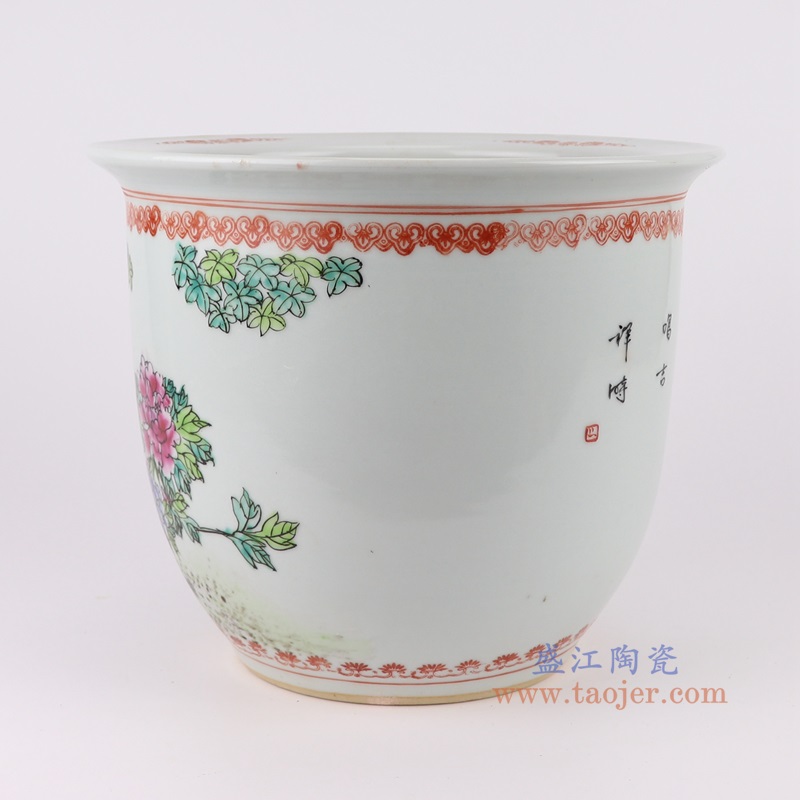 白底粉彩手绘凤凰牡丹纹花盆大号,产品编号:RYSZ15-B 产品尺寸(单位cm): 高22.5直径27口径14.2底径14.7重量3.4KG