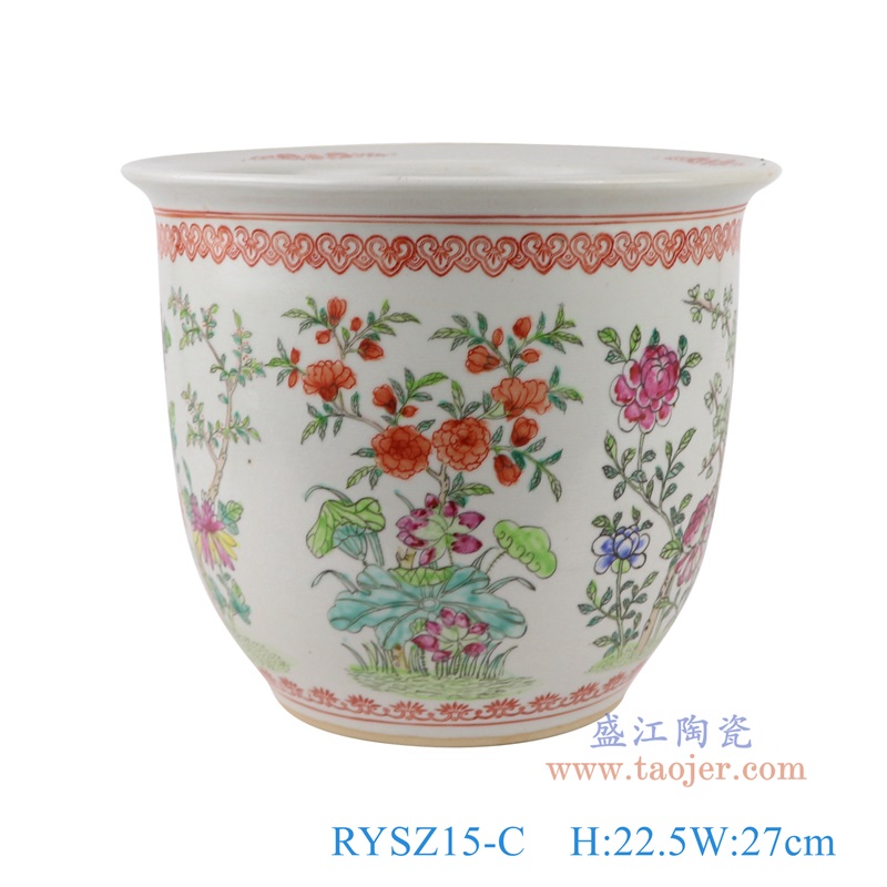 粉彩手绘牡丹荷花菊花梅花四季花纹花盆大号,产品编号:RYSZ15-C 产品尺寸(单位cm): 高22.5直径27口径20.5底径14.7重量3.4KG