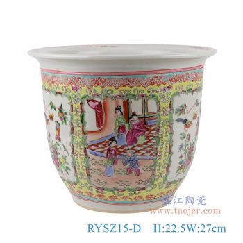 RYSZ15-D     黄底粉彩手绘开窗人物仕女花鸟花盆大号   高22.5直径27口径底径14.7重量3.4KG