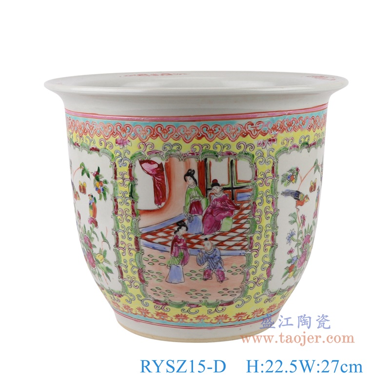 黄底粉彩手绘开窗人物仕女花鸟花盆大号,产品编号:RYSZ15-D 产品尺寸(单位cm): 高22.5直径27口径底径14.7重量3.4KG