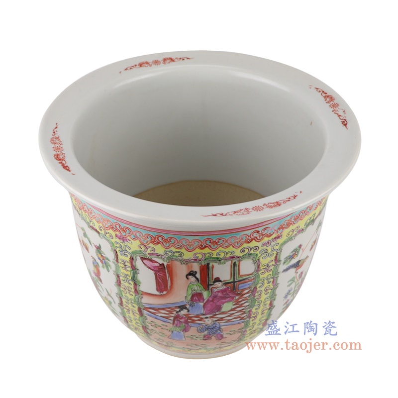 黄底粉彩手绘开窗人物仕女花鸟花盆大号,产品编号:RYSZ15-D 产品尺寸(单位cm): 高22.5直径27口径底径14.7重量3.4KG