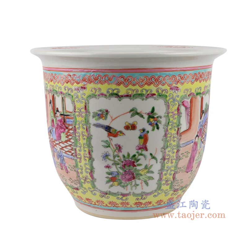 黄底粉彩手绘开窗人物仕女花鸟花盆大号,产品编号:RYSZ15-D 产品尺寸(单位cm): 高22.5直径27口径底径14.7重量3.4KG