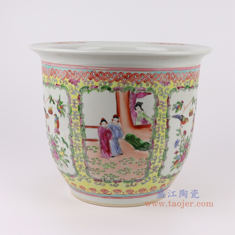 黄底粉彩手绘开窗人物仕女花鸟花盆大号,产品编号:RYSZ15-D 产品尺寸(单位cm): 高22.5直径27口径底径14.7重量3.4KG