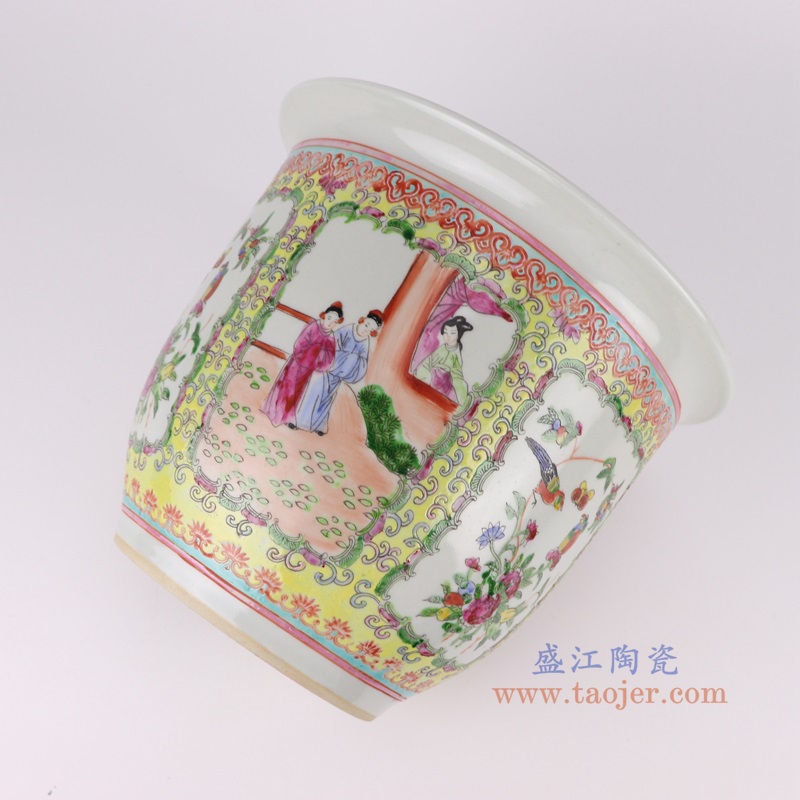 黄底粉彩手绘开窗人物仕女花鸟花盆大号,产品编号:RYSZ15-D 产品尺寸(单位cm): 高22.5直径27口径底径14.7重量3.4KG