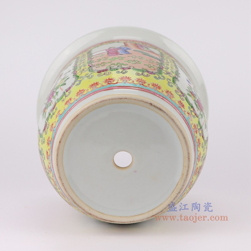 黄底粉彩手绘开窗人物仕女花鸟花盆大号,产品编号:RYSZ15-D 产品尺寸(单位cm): 高22.5直径27口径底径14.7重量3.4KG