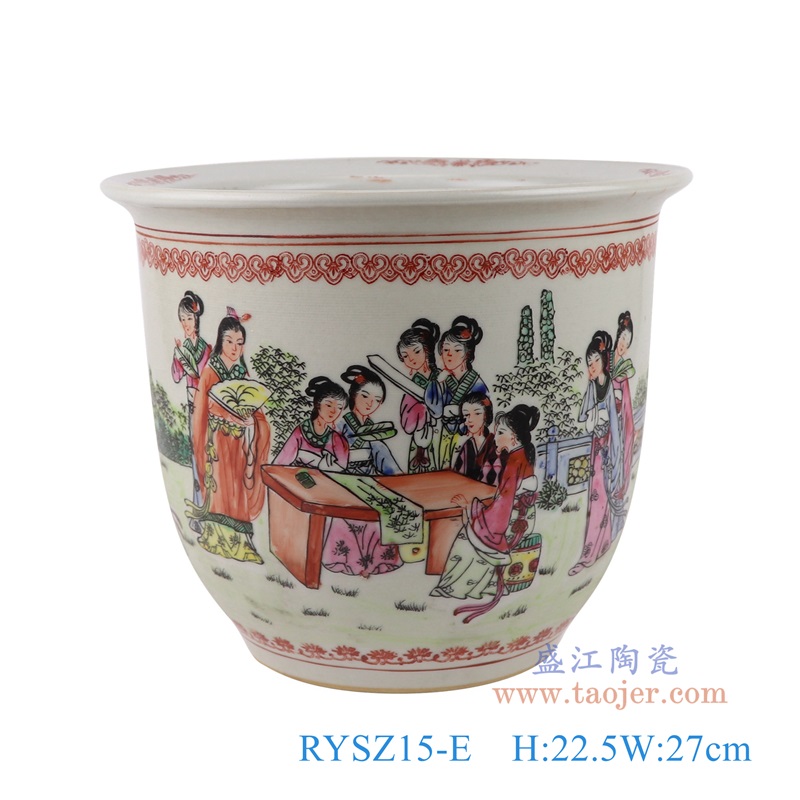 粉彩手绘人物仕女画竹图花盆大号,产品编号:RYSZ15-E 产品尺寸(单位cm): 高22.5直径27口径11.5底径14.7重量3.4KG