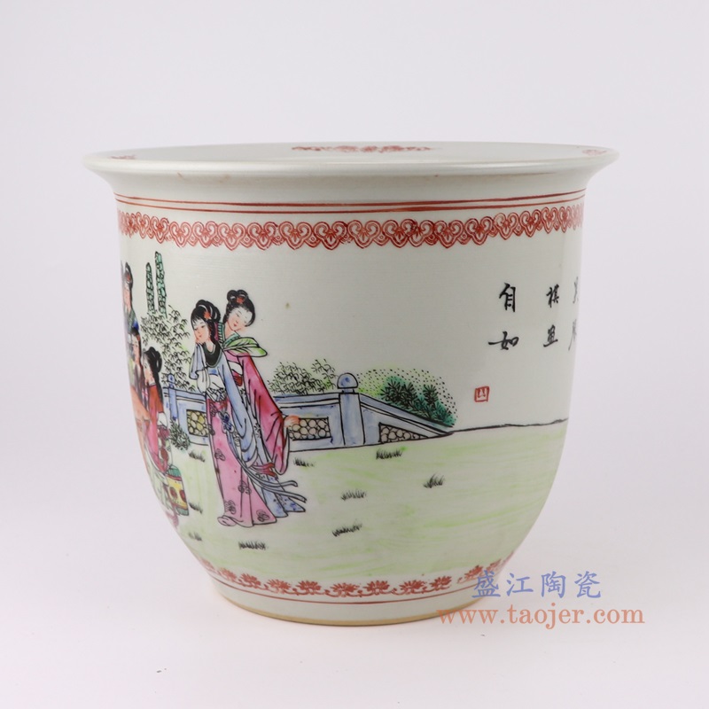 粉彩手绘人物仕女画竹图花盆大号,产品编号:RYSZ15-E 产品尺寸(单位cm): 高22.5直径27口径11.5底径14.7重量3.4KG