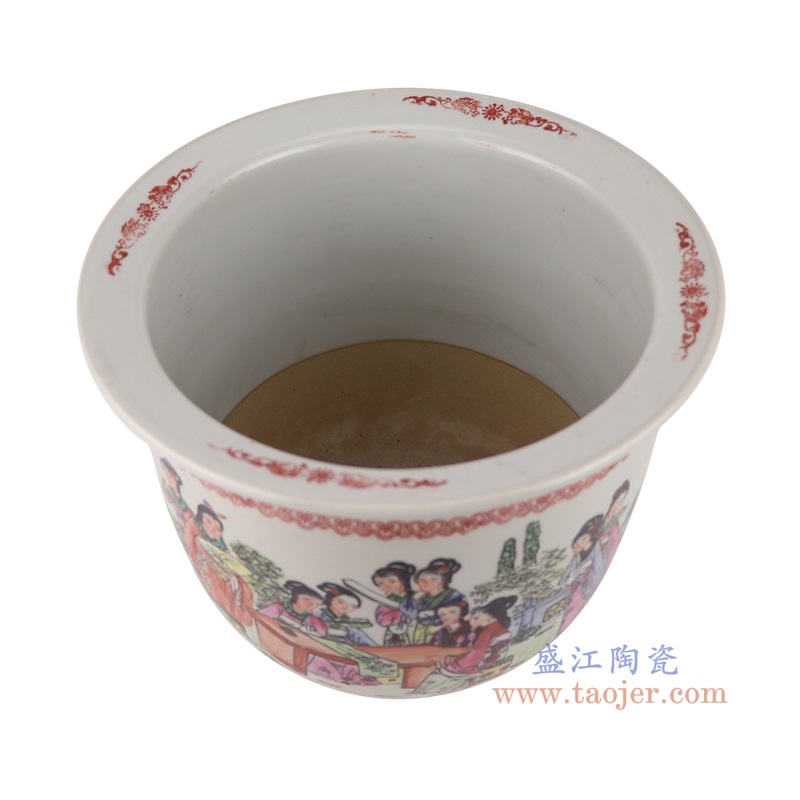 粉彩手绘人物仕女画竹图花盆大号,产品编号:RYSZ15-E 产品尺寸(单位cm): 高22.5直径27口径11.5底径14.7重量3.4KG