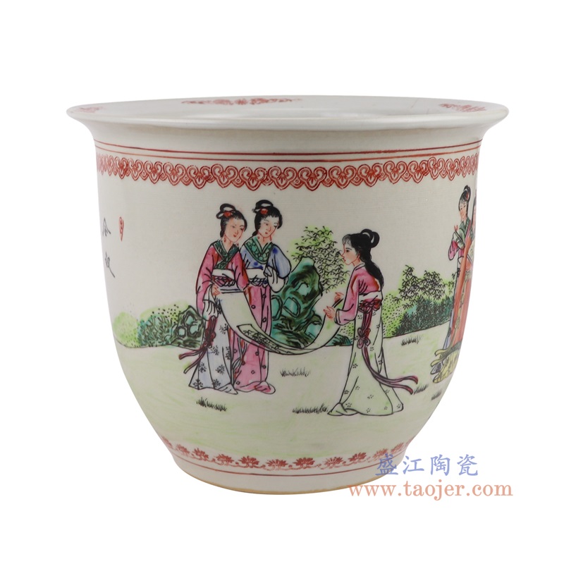 粉彩手绘人物仕女画竹图花盆大号,产品编号:RYSZ15-E 产品尺寸(单位cm): 高22.5直径27口径11.5底径14.7重量3.4KG