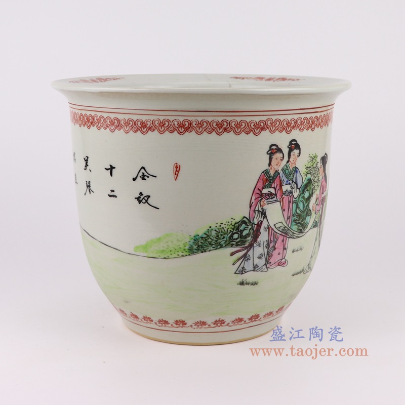 粉彩手绘人物仕女画竹图花盆大号,产品编号:RYSZ15-E 产品尺寸(单位cm): 高22.5直径27口径11.5底径14.7重量3.4KG