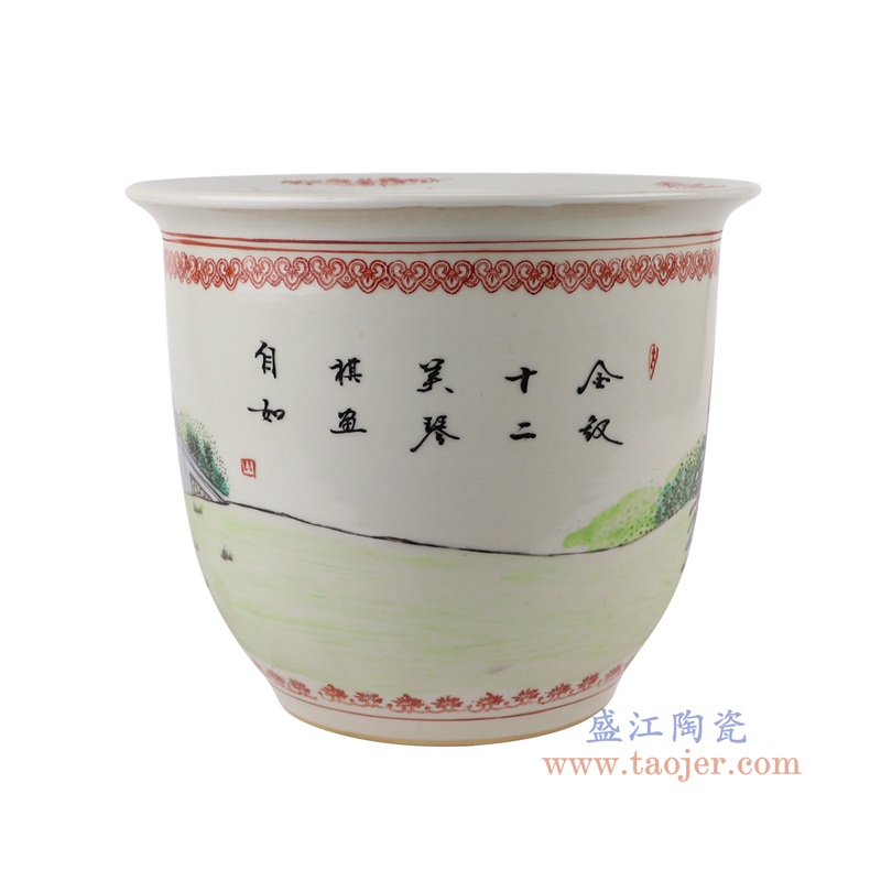 粉彩手绘人物仕女画竹图花盆大号,产品编号:RYSZ15-E 产品尺寸(单位cm): 高22.5直径27口径11.5底径14.7重量3.4KG