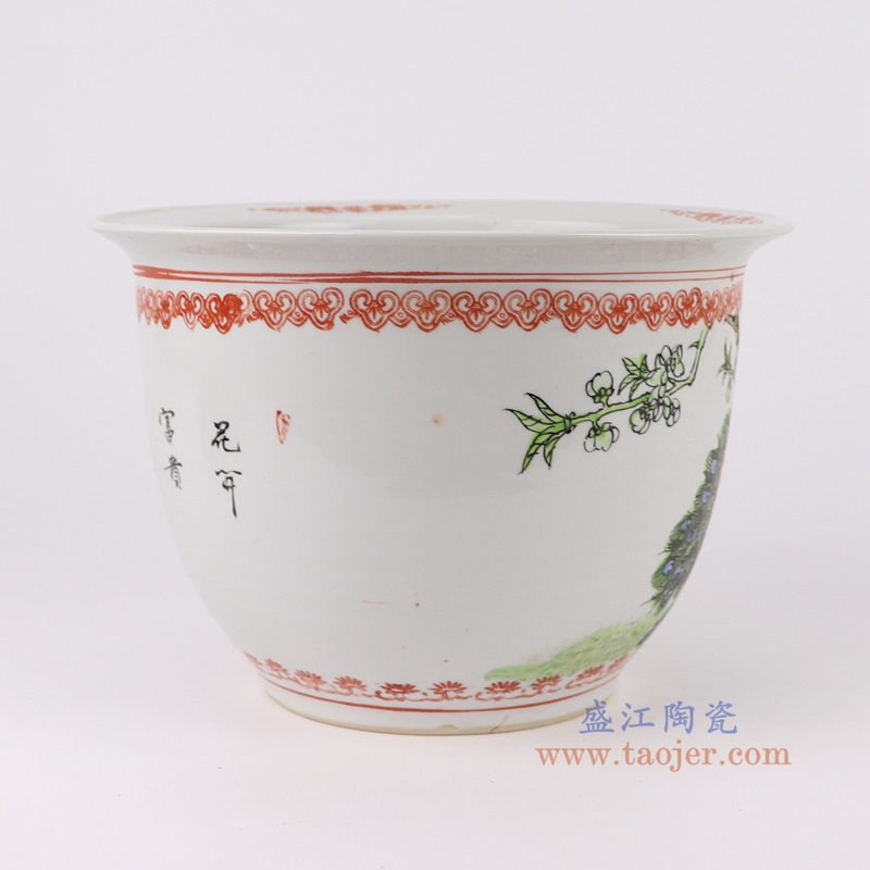 粉彩手绘孔雀牡丹图花盆小号,产品编号:RYSZ16-A 产品尺寸(单位cm): 高16.2直径23.5口径7底径12重量1.7KG