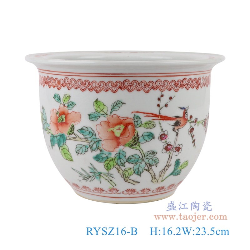 粉彩手绘花鸟花盆,产品编号:RYSZ16-B 产品尺寸(单位cm): 高16.2直径23.5口径5底径12重量1.7KG
