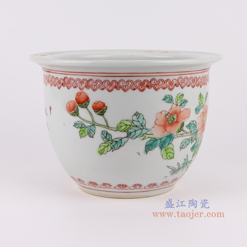 粉彩手绘花鸟花盆,产品编号:RYSZ16-B 产品尺寸(单位cm): 高16.2直径23.5口径5底径12重量1.7KG