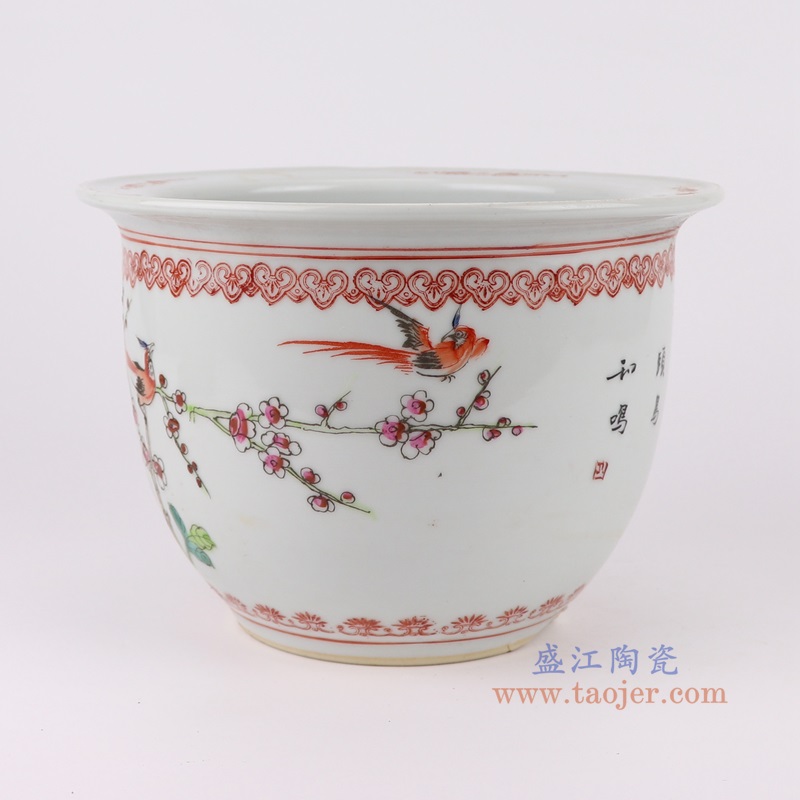粉彩手绘花鸟花盆,产品编号:RYSZ16-B 产品尺寸(单位cm): 高16.2直径23.5口径5底径12重量1.7KG