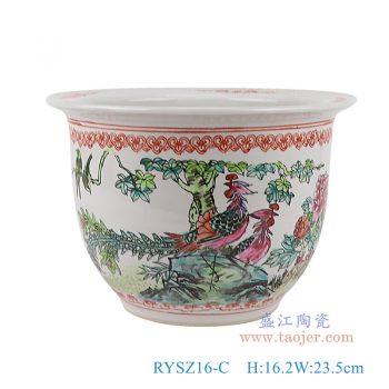 RYSZ16-C   粉彩手绘凤凰牡丹纹花盆，   高16.2直径23.5口径27底径12重量1.7KG