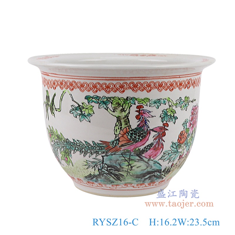 粉彩手绘凤凰牡丹纹花盆,产品编号:RYSZ16-C 产品尺寸(单位cm): 高16.2直径23.5口径27底径12重量1.7KG