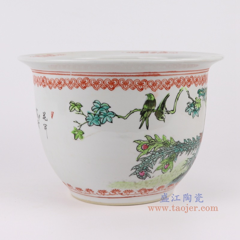 粉彩手绘凤凰牡丹纹花盆,产品编号:RYSZ16-C 产品尺寸(单位cm): 高16.2直径23.5口径27底径12重量1.7KG