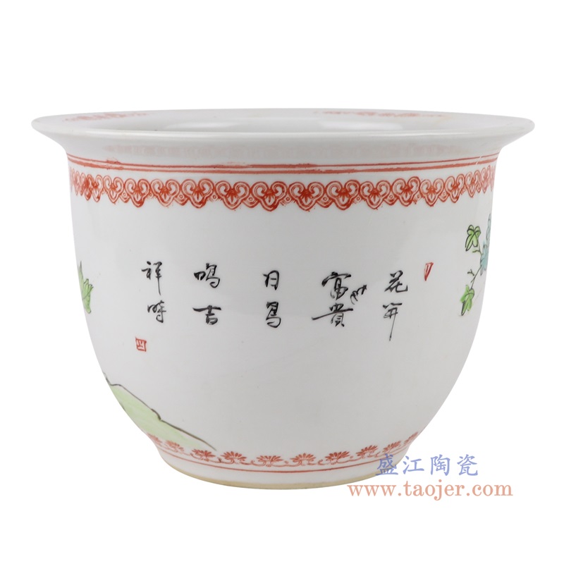 粉彩手绘凤凰牡丹纹花盆,产品编号:RYSZ16-C 产品尺寸(单位cm): 高16.2直径23.5口径27底径12重量1.7KG