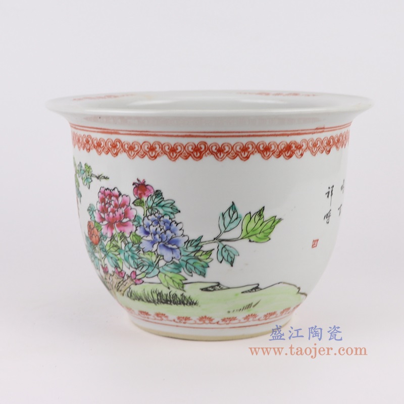 粉彩手绘凤凰牡丹纹花盆,产品编号:RYSZ16-C 产品尺寸(单位cm): 高16.2直径23.5口径27底径12重量1.7KG