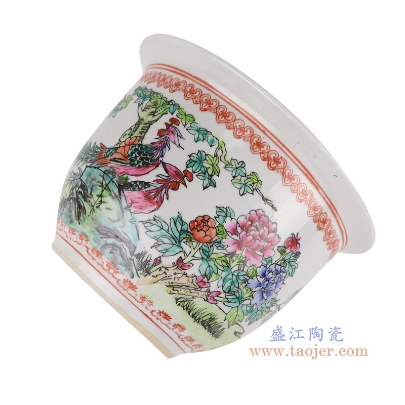 粉彩手绘凤凰牡丹纹花盆,产品编号:RYSZ16-C 产品尺寸(单位cm): 高16.2直径23.5口径27底径12重量1.7KG