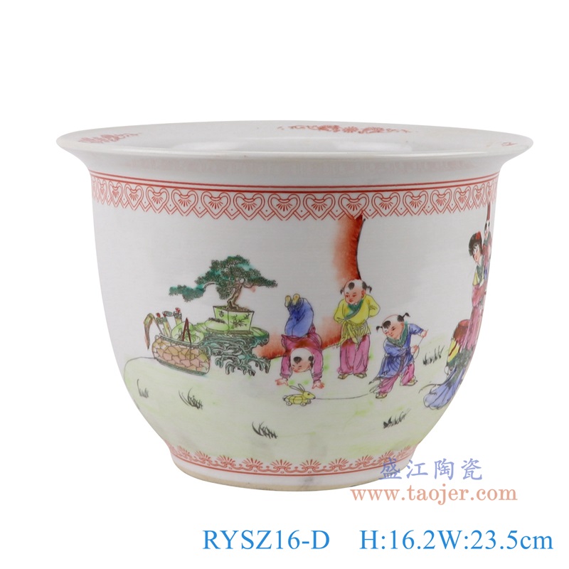 粉彩手绘仕女孩童人物花盆,产品编号:RYSZ16-D 产品尺寸(单位cm): 高16.2直径23.5口径13底径12重量1.7KG