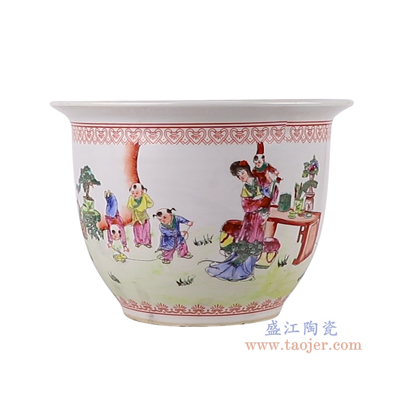 粉彩手绘仕女孩童人物花盆,产品编号:RYSZ16-D 产品尺寸(单位cm): 高16.2直径23.5口径13底径12重量1.7KG