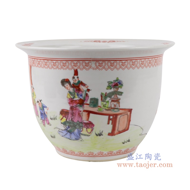 粉彩手绘仕女孩童人物花盆,产品编号:RYSZ16-D 产品尺寸(单位cm): 高16.2直径23.5口径13底径12重量1.7KG