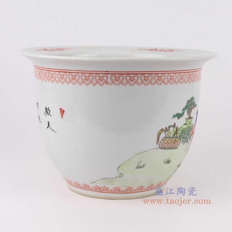粉彩手绘仕女孩童人物花盆,产品编号:RYSZ16-D 产品尺寸(单位cm): 高16.2直径23.5口径13底径12重量1.7KG