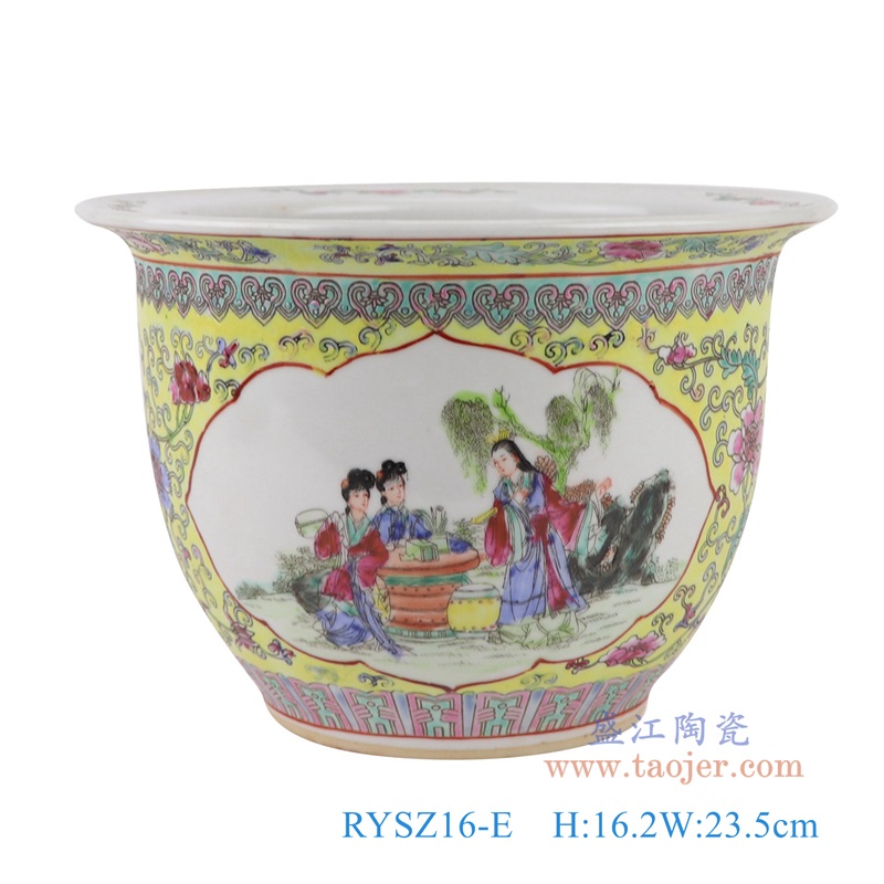 粉彩手绘缠枝莲开窗仕女人物花盆,产品编号:RYSZ16-E 产品尺寸(单位cm): 高16.2直径23.5口径9.5底径12重量1.7KG