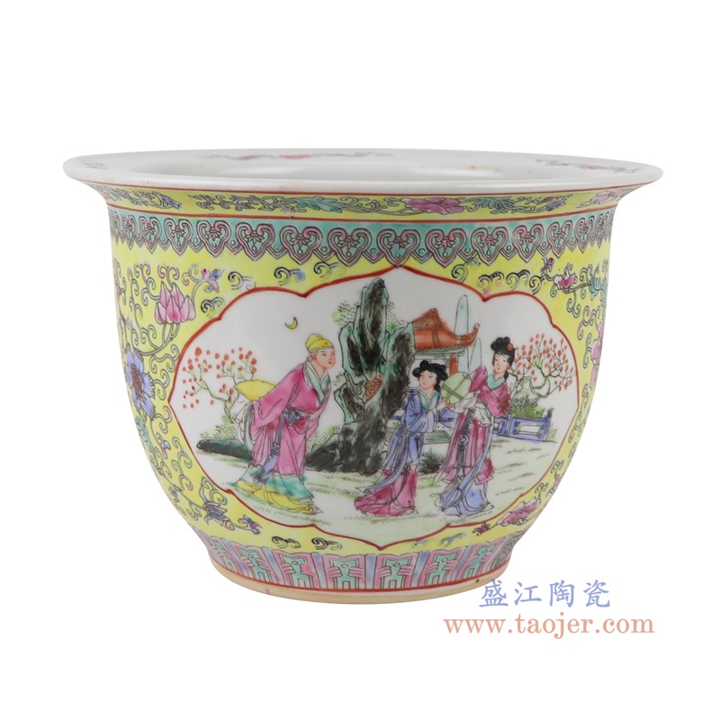 粉彩手绘缠枝莲开窗仕女人物花盆,产品编号:RYSZ16-E 产品尺寸(单位cm): 高16.2直径23.5口径9.5底径12重量1.7KG
