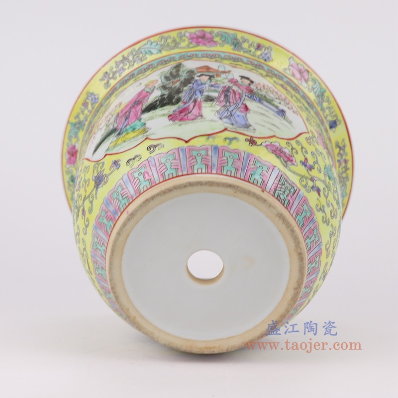 粉彩手绘缠枝莲开窗仕女人物花盆,产品编号:RYSZ16-E 产品尺寸(单位cm): 高16.2直径23.5口径9.5底径12重量1.7KG