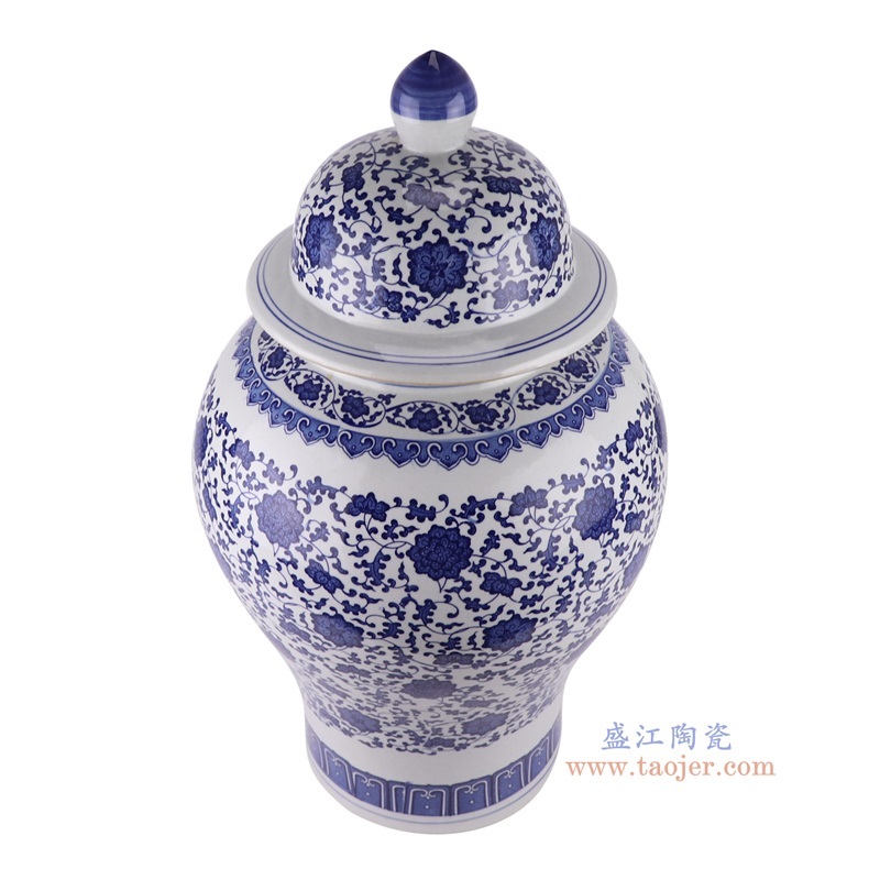 青花缠枝莲将军罐大号,产品编号:RYUJ37-A 产品尺寸(单位cm): 高58.8直径33.5口径7底径21.4重量9.75KG