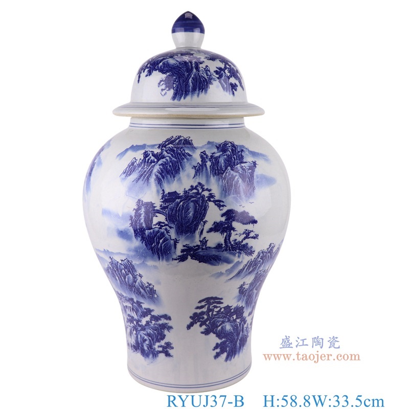 青花山水将军罐大号,产品编号:RYUJ37-B 产品尺寸(单位cm): 高58.8直径33.5口径5底径21.4重量9.75KG