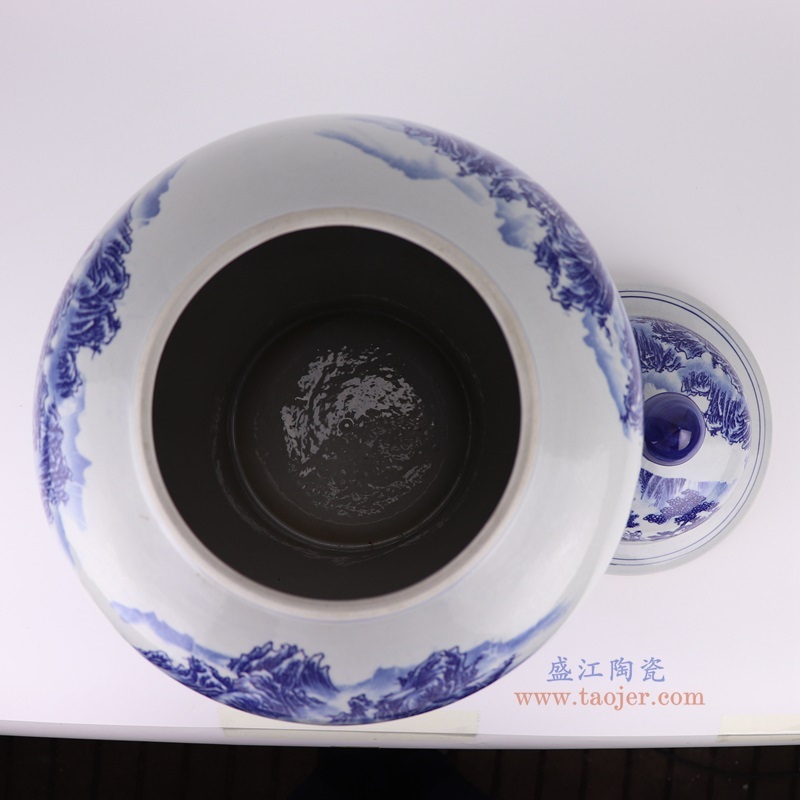 青花山水将军罐大号,产品编号:RYUJ37-B 产品尺寸(单位cm): 高58.8直径33.5口径5底径21.4重量9.75KG