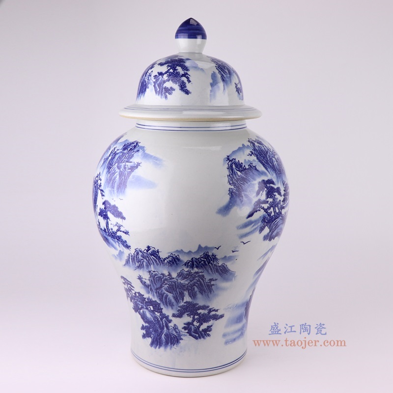 青花山水将军罐大号,产品编号:RYUJ37-B 产品尺寸(单位cm): 高58.8直径33.5口径5底径21.4重量9.75KG