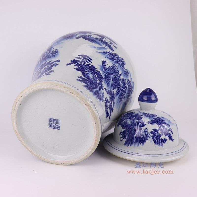 青花山水将军罐大号,产品编号:RYUJ37-B 产品尺寸(单位cm): 高58.8直径33.5口径5底径21.4重量9.75KG