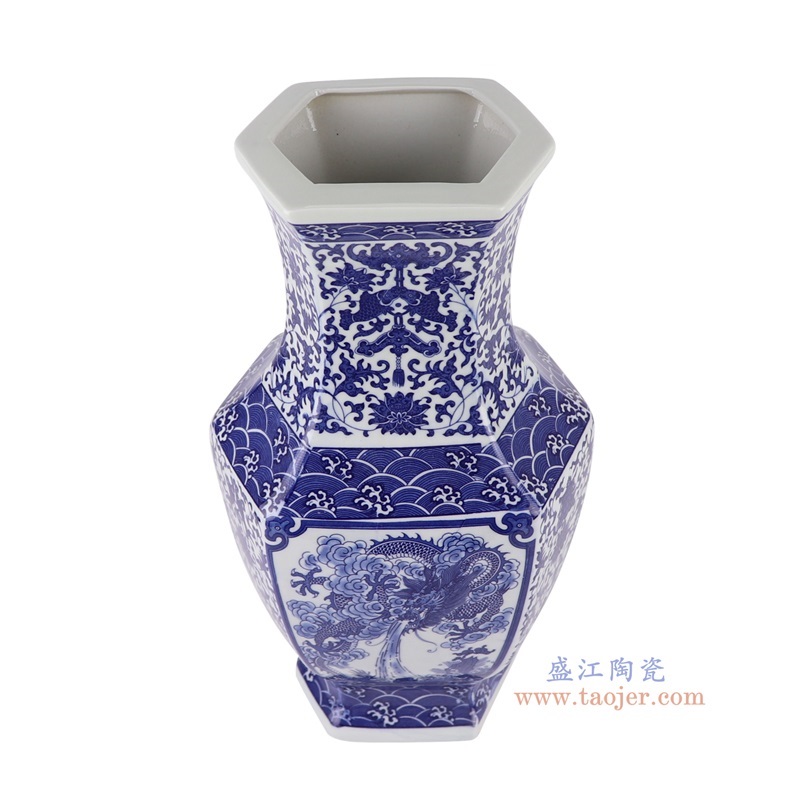 青花缠枝莲开窗龙纹六面花瓶,产品编号:RYUJ38 产品尺寸(单位cm): 高37.4直径20口径底径13.5重量2.75KG