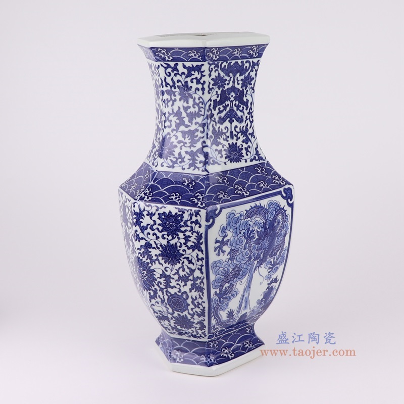 青花缠枝莲开窗龙纹六面花瓶,产品编号:RYUJ38 产品尺寸(单位cm): 高37.4直径20口径底径13.5重量2.75KG