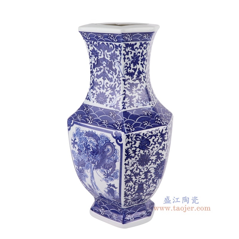 青花缠枝莲开窗龙纹六面花瓶,产品编号:RYUJ38 产品尺寸(单位cm): 高37.4直径20口径底径13.5重量2.75KG