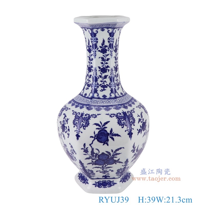 青花仙桃花草纹六面赏瓶,产品编号:RYUJ39 产品尺寸(单位cm): 高39直径21.3口径1.8底径14.3重量3.4KG