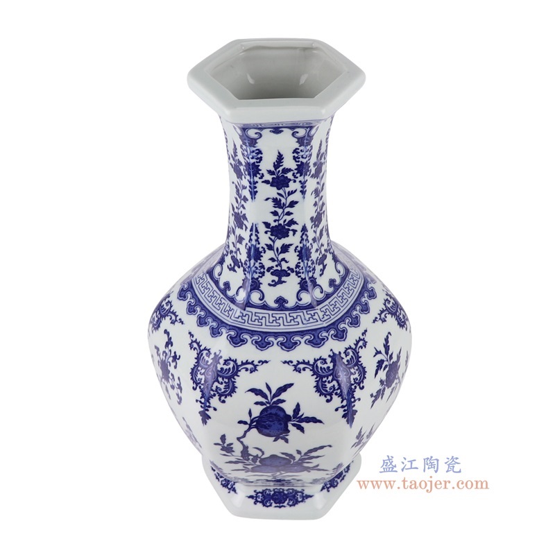 青花仙桃花草纹六面赏瓶,产品编号:RYUJ39 产品尺寸(单位cm): 高39直径21.3口径1.8底径14.3重量3.4KG
