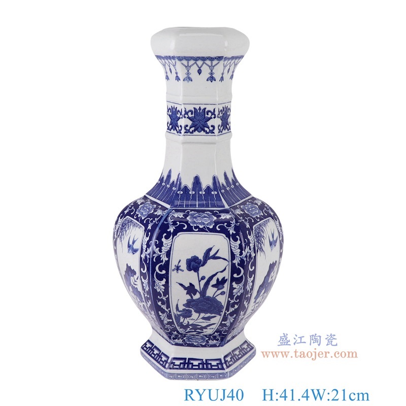 青花开窗花鸟荷花纹六面赏瓶,产品编号:RYUJ40 产品尺寸(单位cm): 高41.4直径21口径3.3底径14.8重量3.4KG