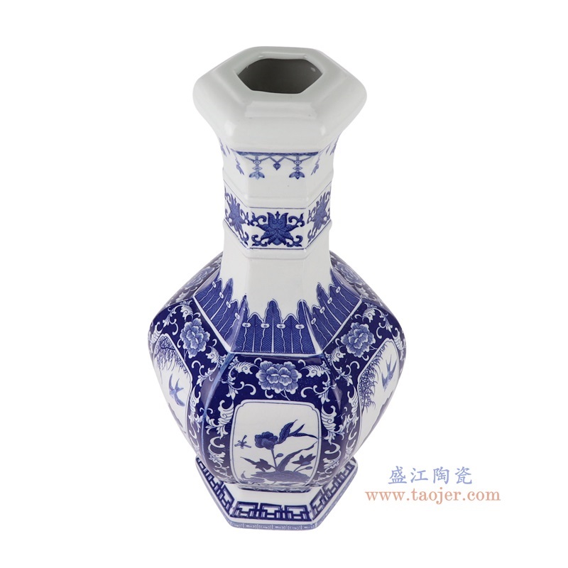 青花开窗花鸟荷花纹六面赏瓶,产品编号:RYUJ40 产品尺寸(单位cm): 高41.4直径21口径3.3底径14.8重量3.4KG