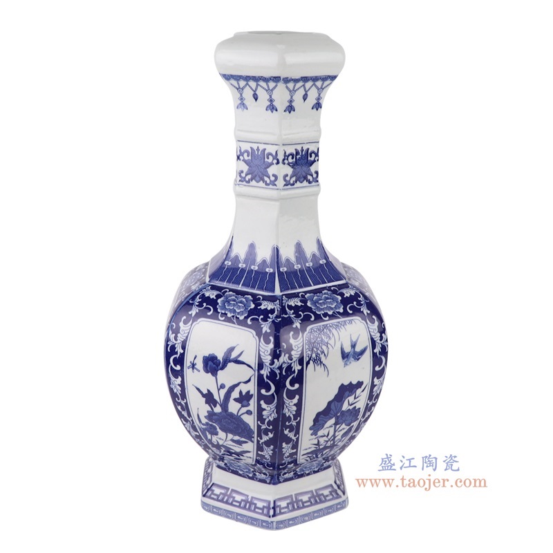 青花开窗花鸟荷花纹六面赏瓶,产品编号:RYUJ40 产品尺寸(单位cm): 高41.4直径21口径3.3底径14.8重量3.4KG